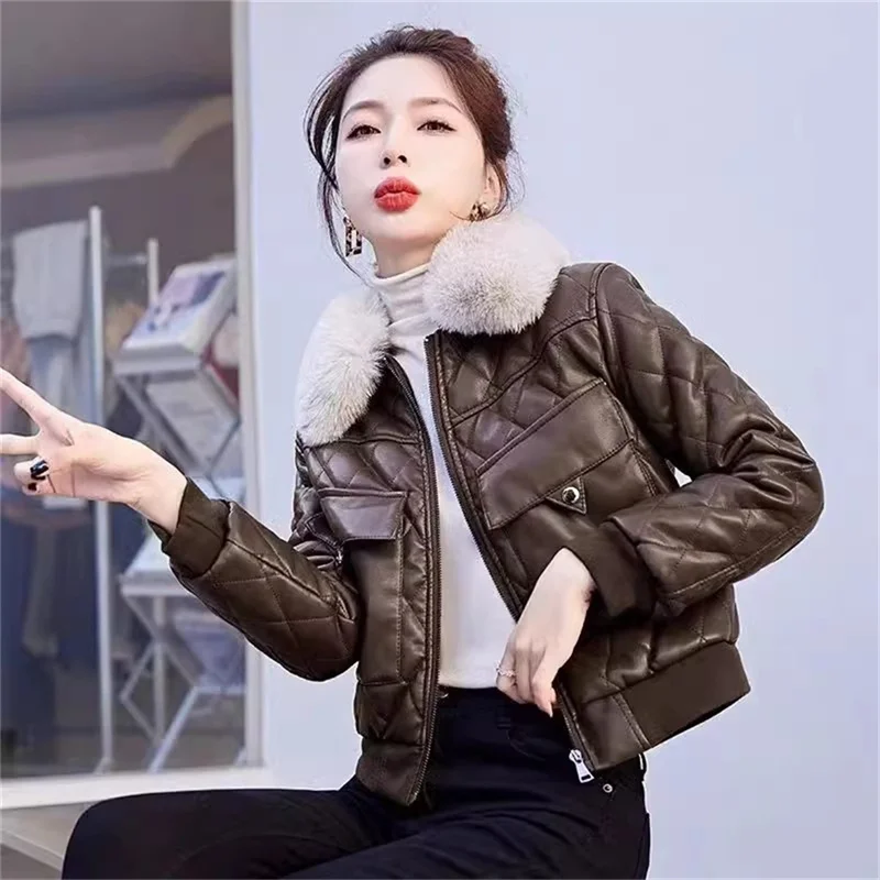 Fur Collar Thick Leather Jacket With Velvet Leather Jackets Women\'s Short Winter New Fashionable Motorcycle Cotton Fur Outwear