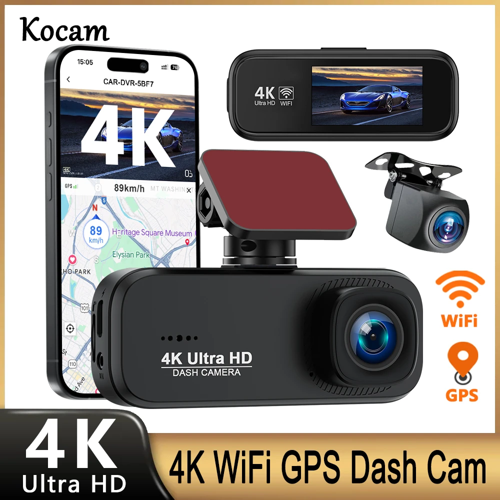 Kocam 4K Dash cam WiFi GPS Mini Camera Recorder 24H Parking Dual Lens With 1080P Rearview Camera Night Vision Black Box For Car