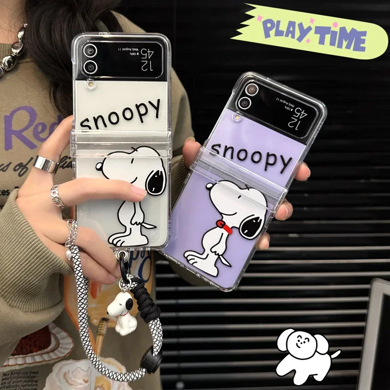 Cute Cartoon Snoopy Transparent Phone Case For Samsung Galaxy Z Flip 7 6 5 Clear Hard TPU Cover For Z Flip 4 3 With Lanyard