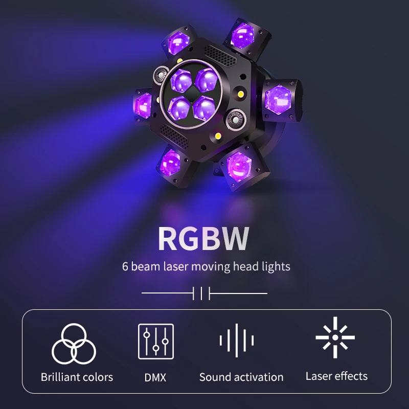 DMX 10X10W 6 Head Moving Head Beam Light RGB Laser Strobe Light DMX Stage Light RGB Beam Light Rotating Disco Party Bar