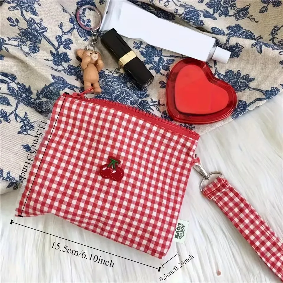 Red Cherry Canvas Makeup Bag Portable And Easy To Carry Red Plaid Large Capacity Cosmetic Lipstick Storage Bag view 2
