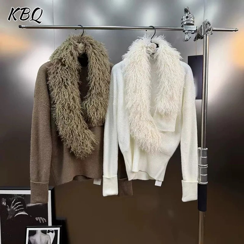

KBQ однотонные утягивающие футболки с перьями для женщин с меховым воротником и длинным рукавом во французском стиле, повседневный вязаный свитер, женский стиль