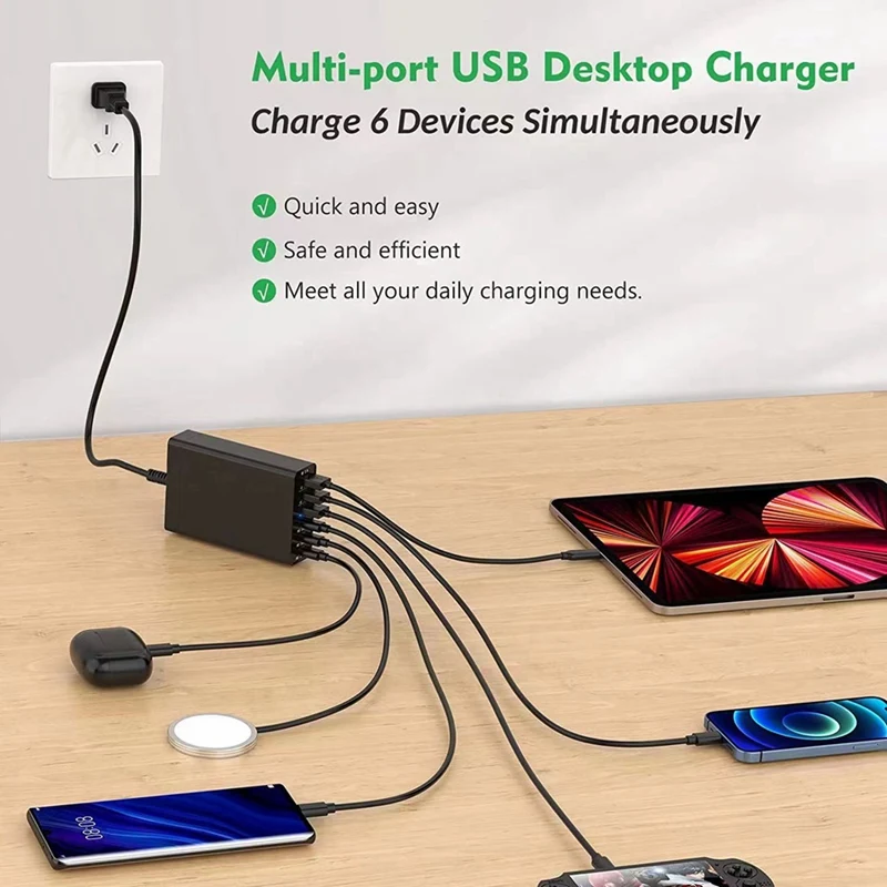 Estación de carga USB de escritorio de 6 puertos de 96W con 3 puertos USB-C y puertos QC3.0 Enchufe estadounidense