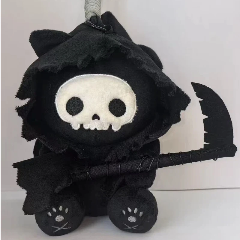 Gothic Style Grim Reaper Black Cat Plush Keychain Lovely Figure With Scythe Hooded Cloak Cute Bag Charm For Backpack Purse Decor