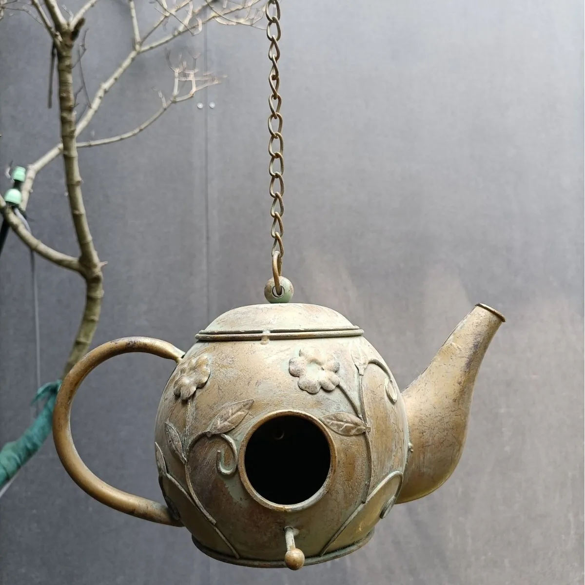 Bronze Teapot Birdhouse, Hanging Garden Bird Feeder, Vintage Outdoor Decor