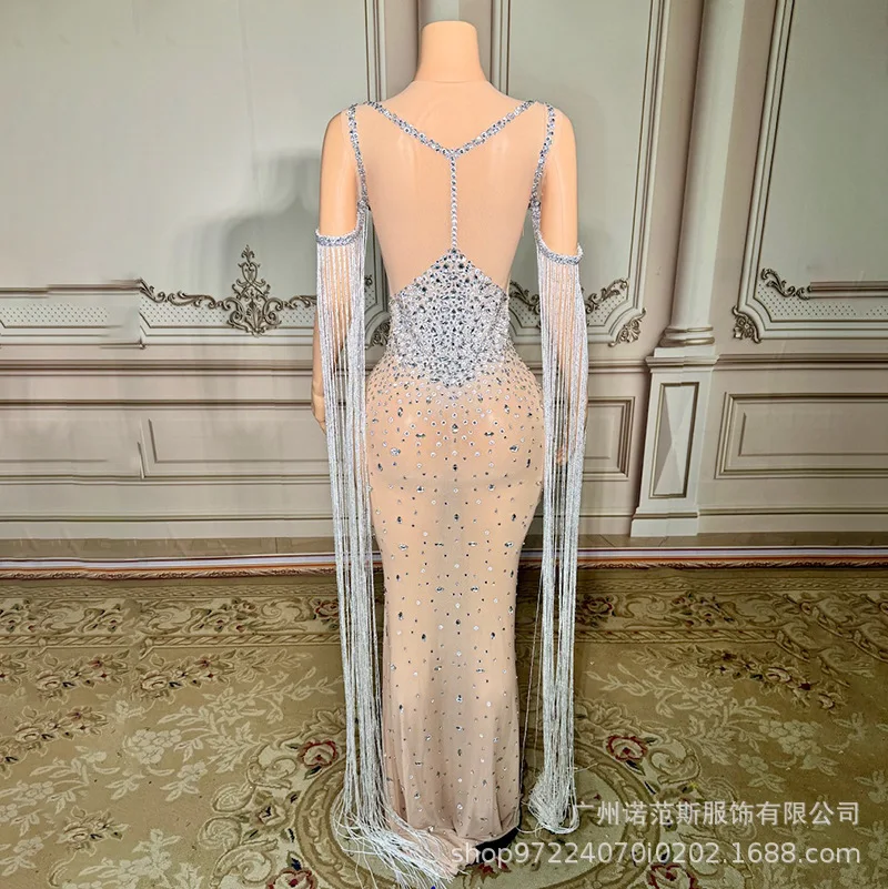 Heldere Kwastje Sexy Nep Vlees Temperament Jurk Banket Gastheer Prestaties Kleding Model Catwalk Trendy Kleding Galajurken Luxe