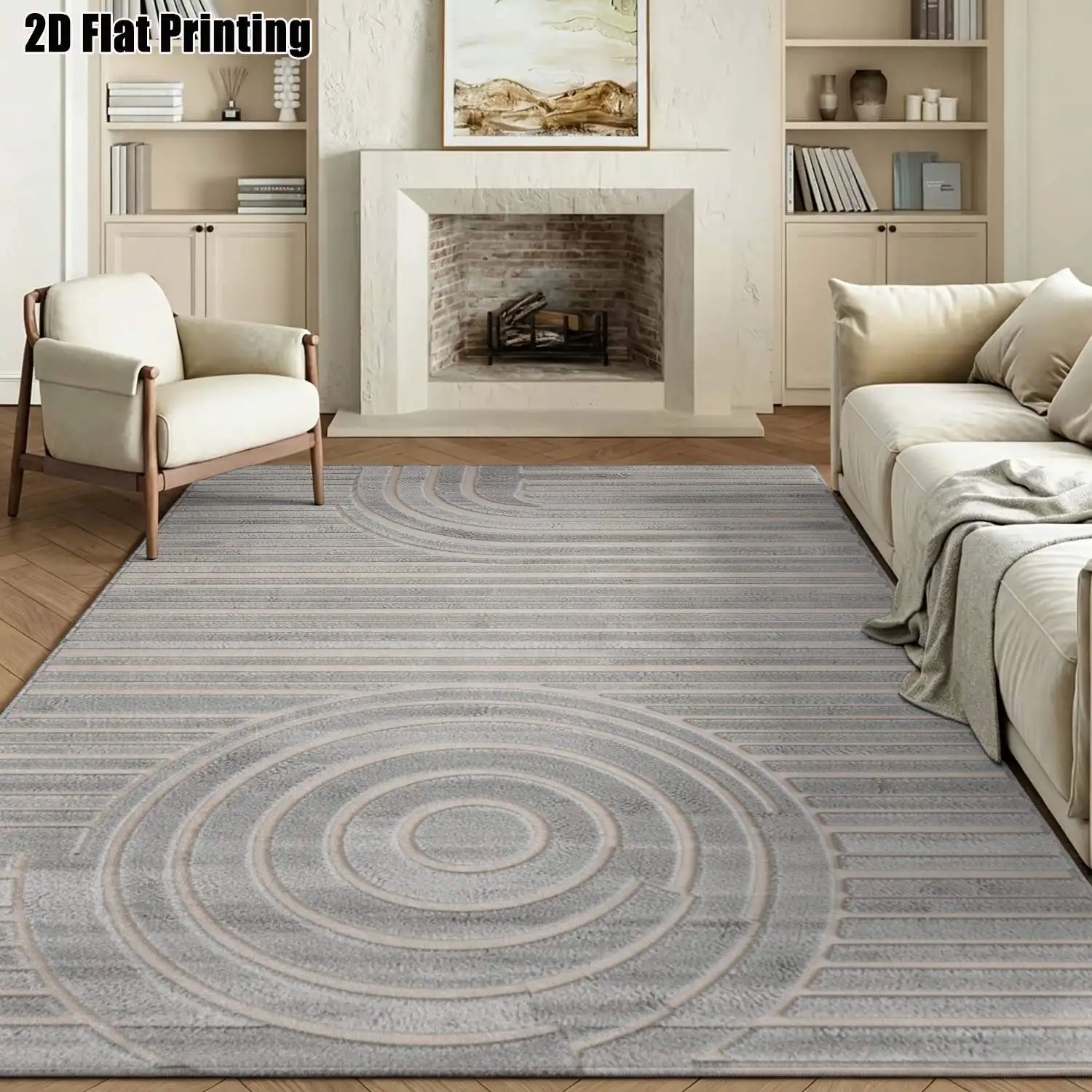1Pc 2D Printed Nordic Minimalist Carpet with Blue-Gray Geometric Round Patterns, Machine Washable, Multi-Size Home Decor Rug for Entryway, Living Room, Bedroom, Dining Room, Study