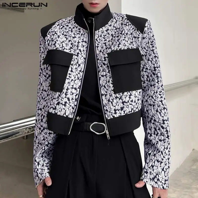 INCERUN Men Jackets Print Patchwork Stand Collar Long Sleeve Casual Crop Coats Men Streetwear Zipper 2024 Autumn Fashion Jackets