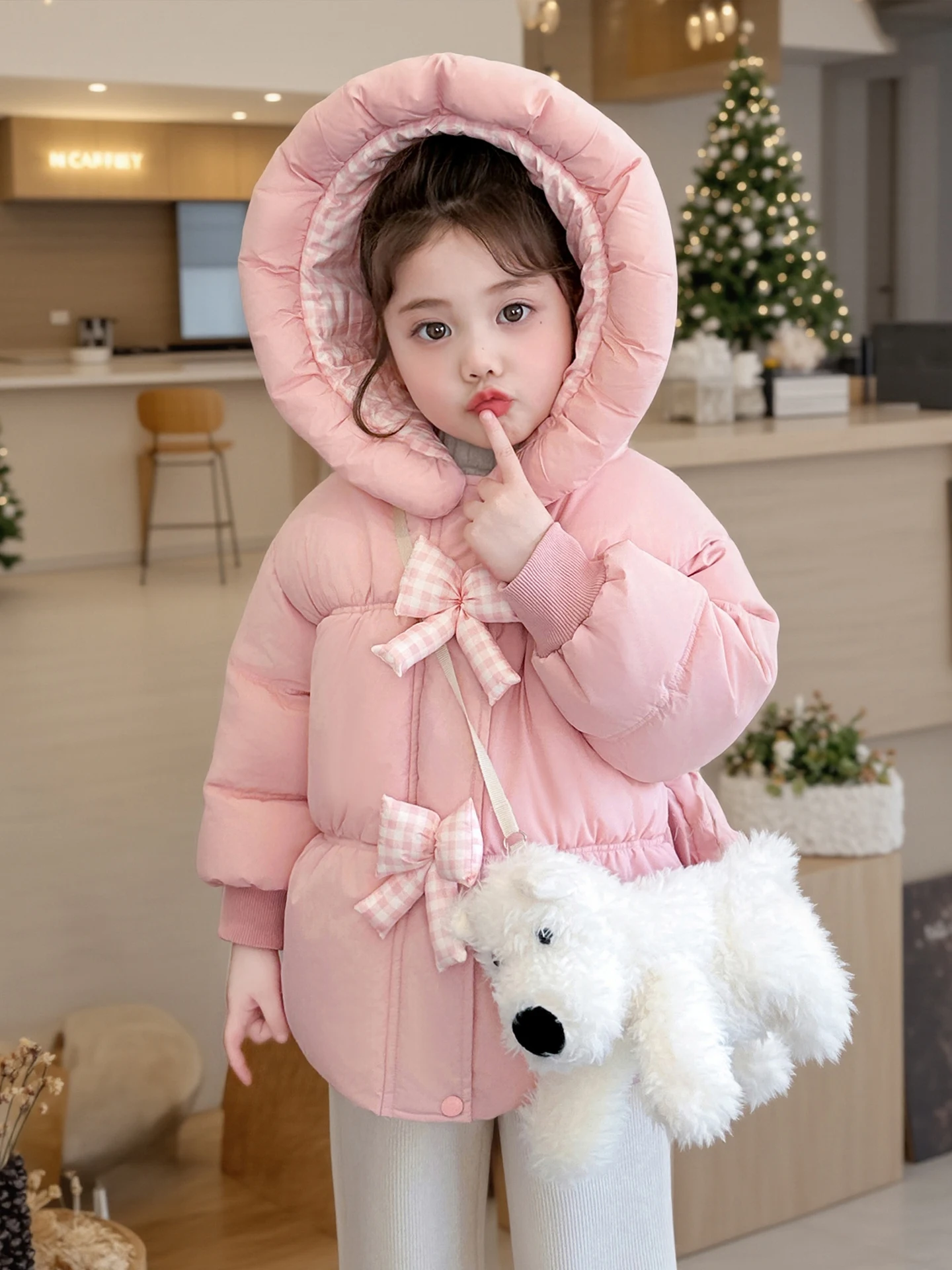 

Хлопковая куртка Thiened для девочек с мультяшными узорами, зимнее пальто Sweet Sle с капюшоном и узлом, детская одежда...