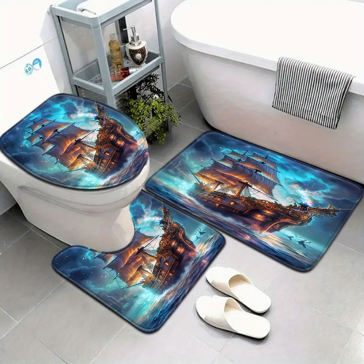 3pcs Night Sea Bath Mat Set - Lone Boat Design Toilet Cover & U-Shaped Rug, Coastal Themed Bathroom Decor