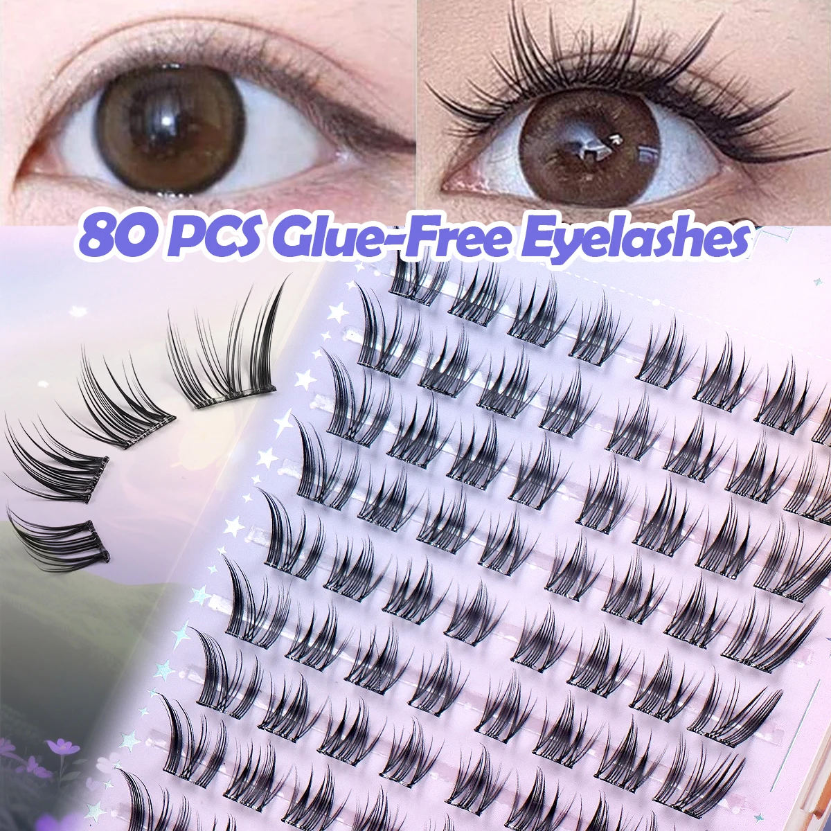 MAGEFY 80/100/120 Cluster False Eyelashes Natural Looking Glue Free Manga Lashes Cute Cartoon Cat Eye Lashes Three-Part Segment