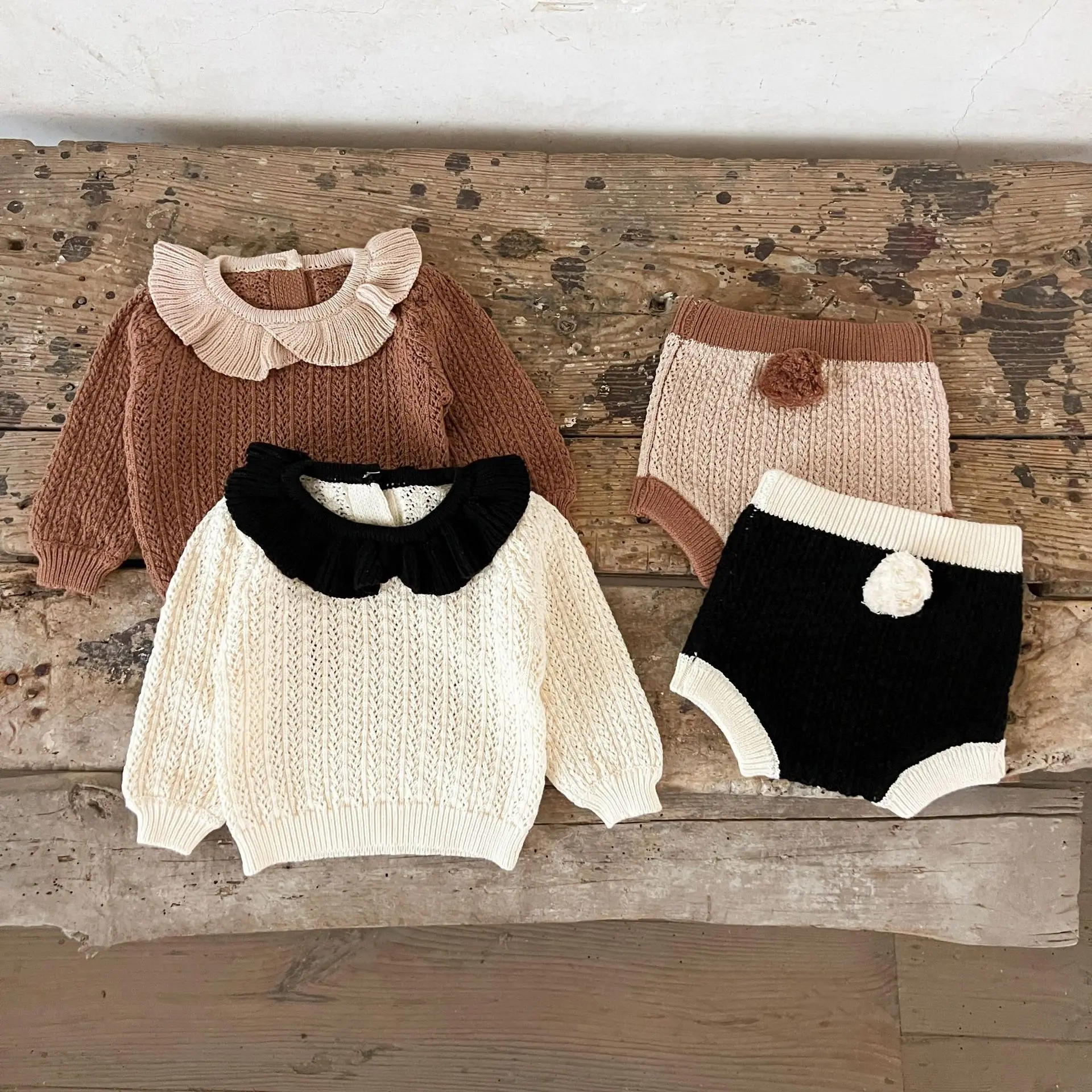 Spring and Autumn Baby Clothes Baby Girl Hollow Lotus Leaf Collar Knitted Suit Girl Baby Foreign Style Shorts Two-piece Set