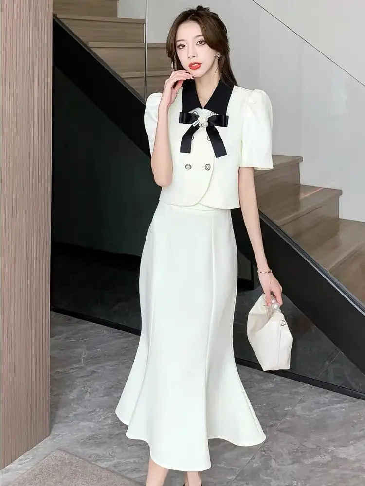 Chic Style Suit for Women, 2024 Spring and Summer New French High-End Bow Short Jacket with Fish Tail Skirt Two-Piece Set Hot