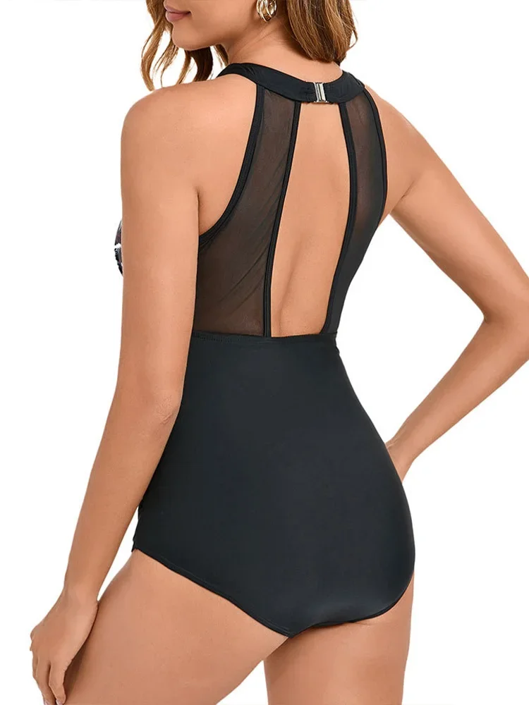 AOTVOTEE Sexy Print Mesh One Piece Bikini Women Swimsuit Backless Tight Beach Bikini 2025 New Summer Swimwear One Piece Swimsuit