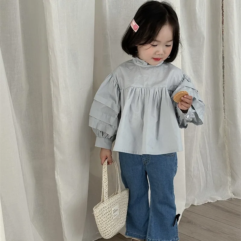 

Girls Blouses 2025 Autumn Spring Elegant Bubble-Sleeve Stand Collar Childrens Clothes Korean Solid-Color Long-Sleeve Shirt