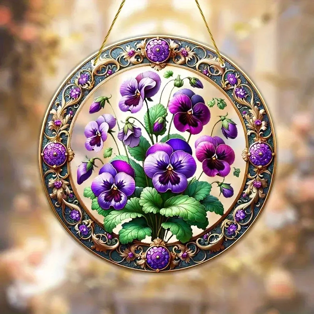 Flower Suncatcher,Stained Translucent Window Hanging,Winter Decor,Acrylic Round Sign,Wreath Sign,Wreath Center,Christmas Gift