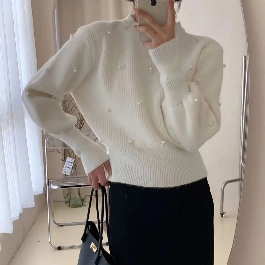 부드럽고 쫄깃한 라운드 넥 풀오버 진주 스웨터 2025 가을 겨울 프렌치 스타일 니트 스웨터 탑