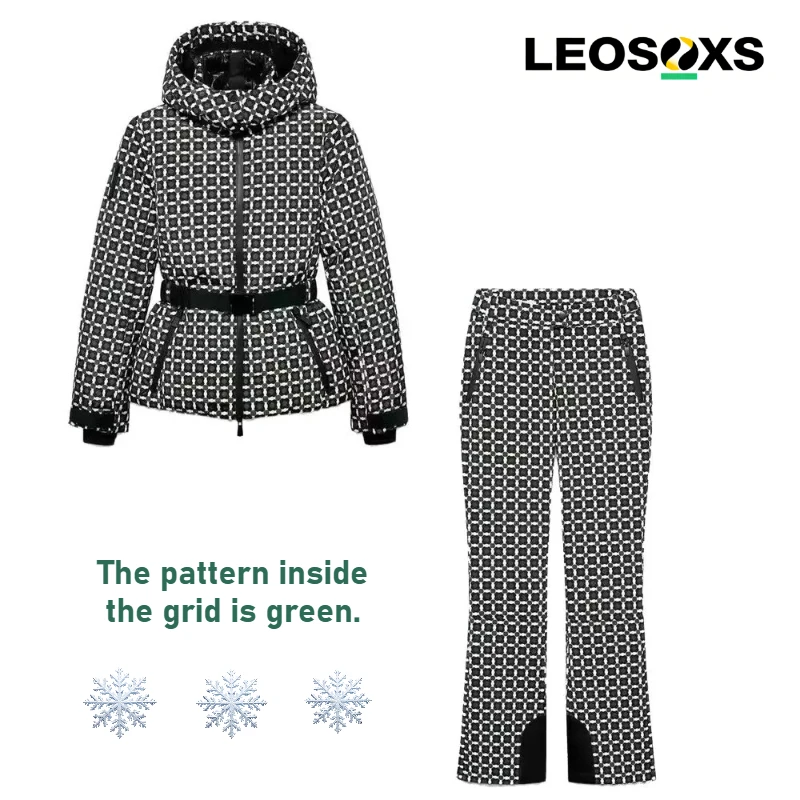 

2026 Women's Winter Hooded Padded Sport Parkas Pants 2 PCS Set Belt Female Elegant Warm Windproof Skiing Coats Jackets Trousers