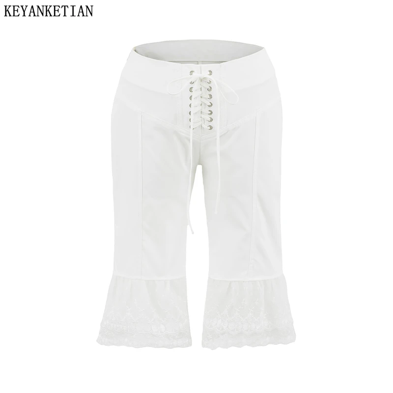 

KEYANKETIAN Summer New Women's Lace Decoration Cross lace-up high waist Slim Straight Knee length Pants Y2K Slim White Shorts