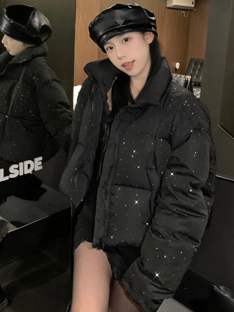 Jmprs Chic Diamonds Loose Parkas Women Winter Design Elegant Puffy Coats Fashion Long Sleeve High Quality Down Cotton Jackets