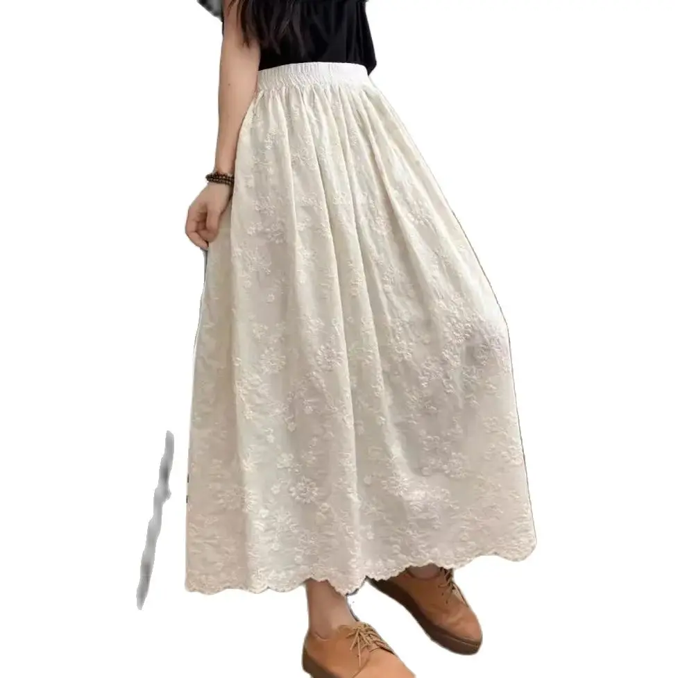 New Summer Cotton A-Line Skirts Women Elastic Waist Embroidery Skirt Mori Girl Retro Sweet Cake Skirts 2024 Autumn B46240QM