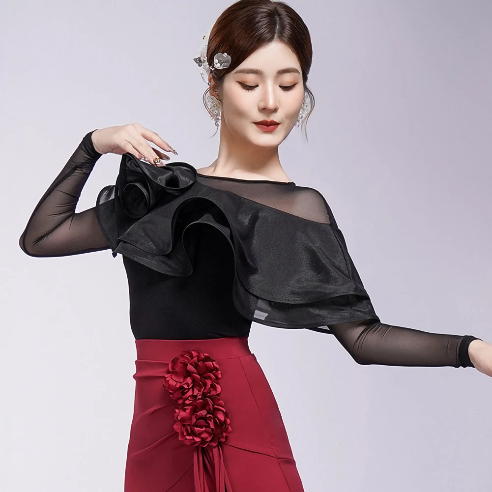 Latin Dance New Red Line Dance Dark Blue Top Performance Suit Black Women's  Round Neck Purple Rain Blue High-End Top