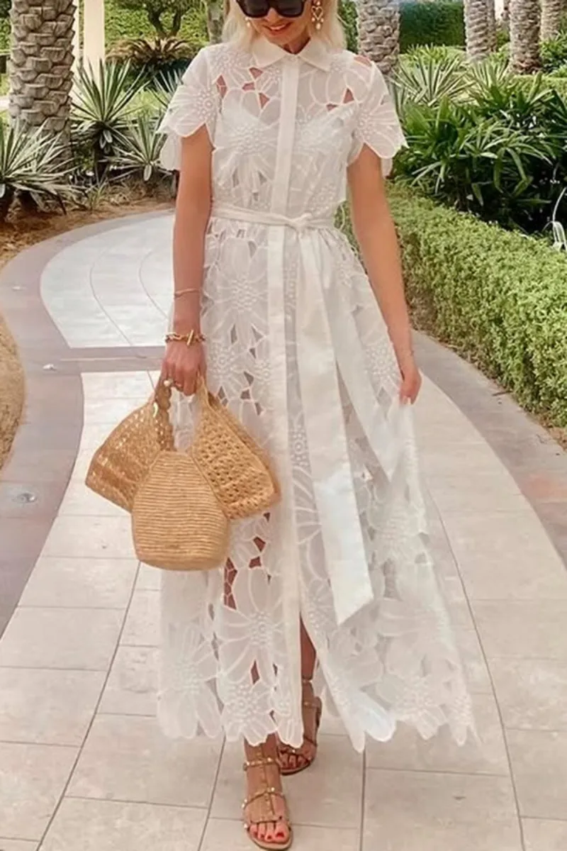 2025 verano Floral ahueca hacia fuera el vestido largo ocasional de vacaciones con fajas mujeres solapa camisa de manga corta vestido largo ropa de calle Casual