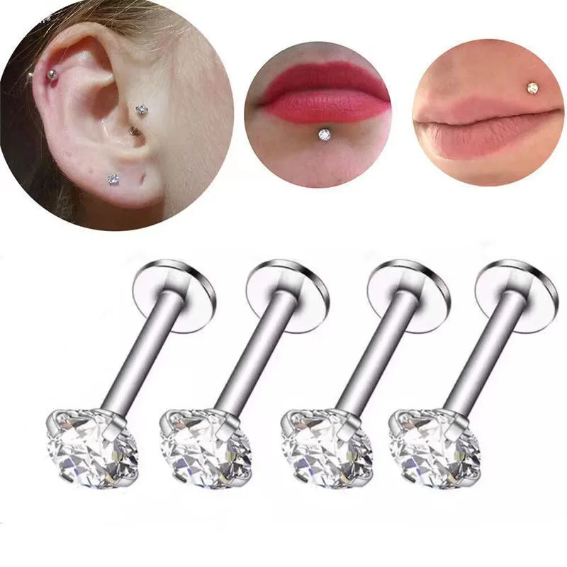 50 pcs/lot Zircon Ear Cartilage Nail Anti Allergy Labret Lip Piercing Jewelry 316 Surgical Steel Ear Bone Nail Screw Nose Ring