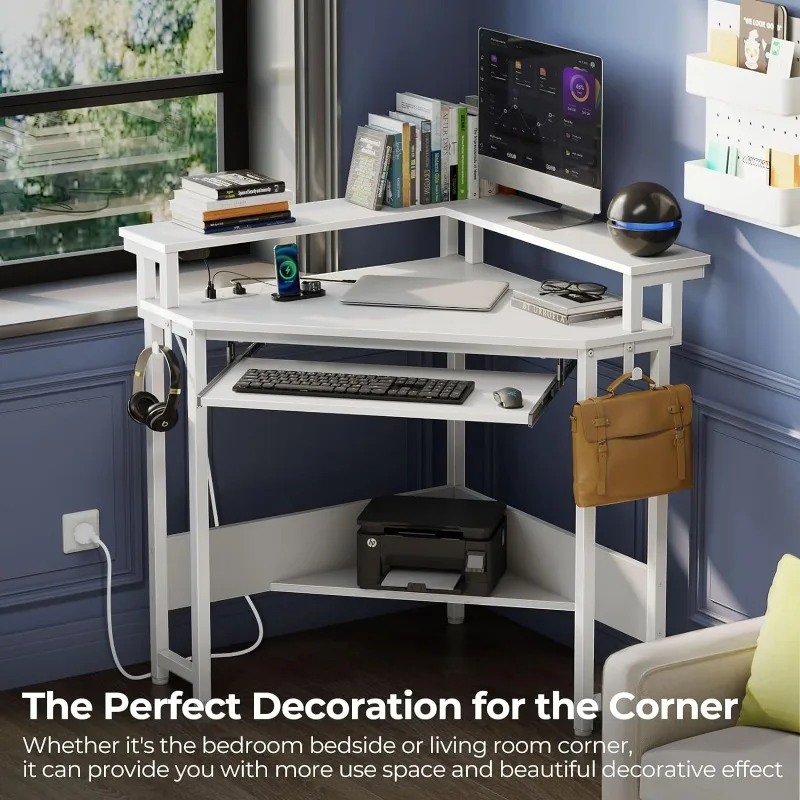 Corner Desks, 44.5"W x 34.5"H Small Computer Desk with Power Outlets & LED Lights, Triangle corner computer desk