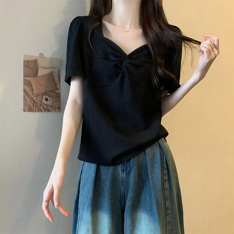 Women\'s Summer Fashion Elegant Solid Color Pleated V-neck Short Sleeve T-Shirt Women Clothes Office Lady All-match Loose Tops