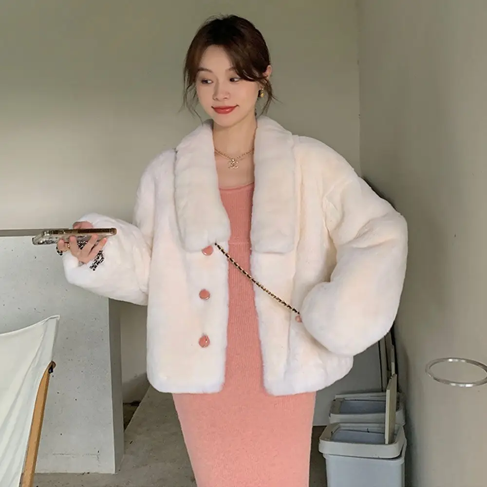 Korea Herfst Winter Mode Warme Nepbontjas Vrouwen Elegante Zoete Turn Down Kraag Pluche Jack Koreaanse Casual Bovenkleding