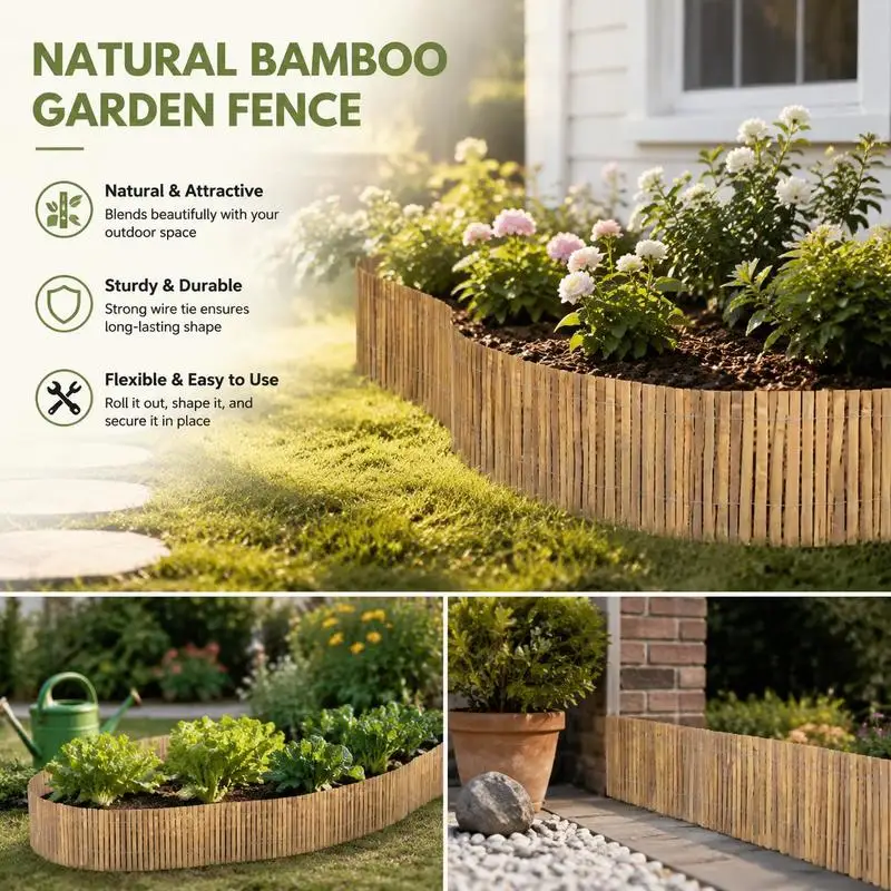 Clôture souple en bambou naturel fendu 1000x50 cm assemblée par fil galvanisé. Décoratif et flexible pour delimiter les massifs, les allées ou créer un brise-vue tropical dans le jardin, facile à fixer selon les formes souhaitées.