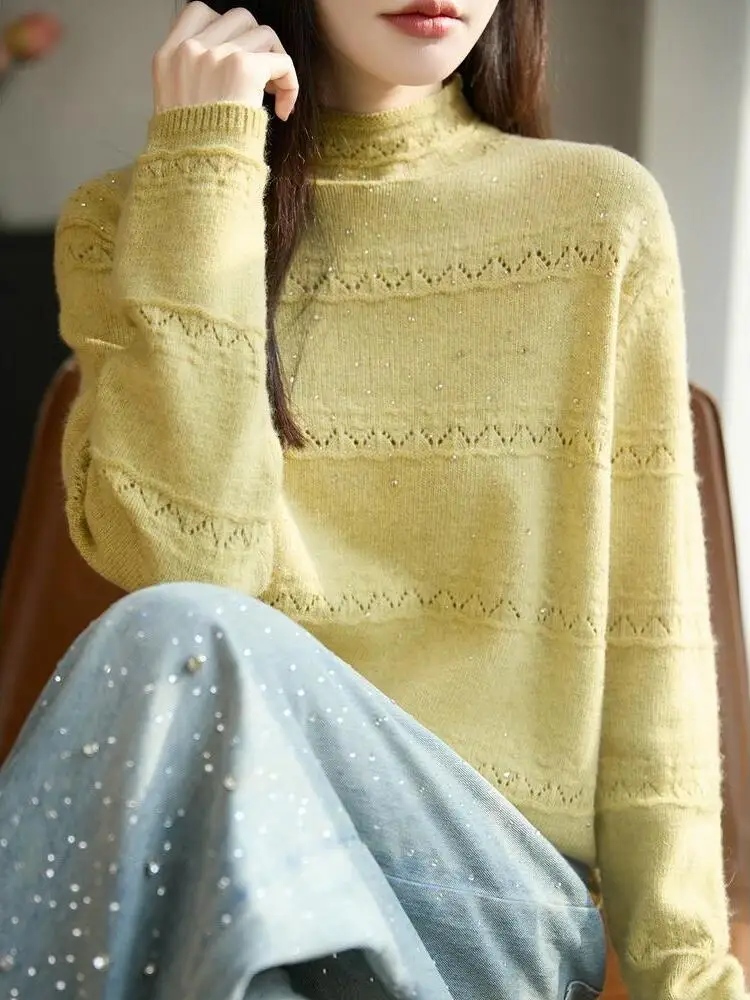 Fashionable Anti-Aging Sparkling Diamond Knitwear Women's Autumn Winter Hollow out Warmth Inner Wear Top Trendy High Collar