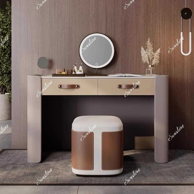 Light luxury modern minimalist saddle leather rock slab makeup table master bedroom dresser