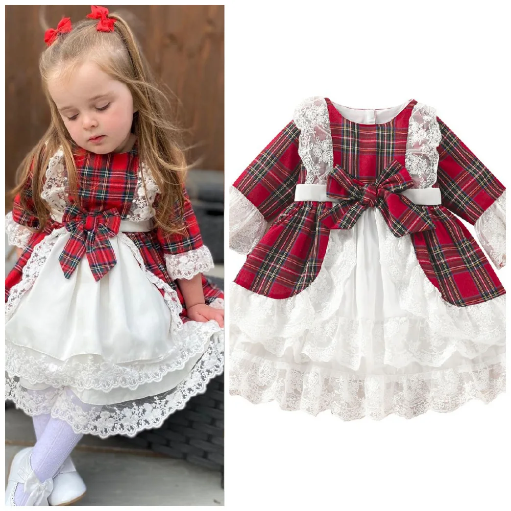 

Toddler Girls Party Dresses Plaid Lace Cute Baby 1st Birthday Baptism Vestido Ruffles Kids Christmas Party Dresses