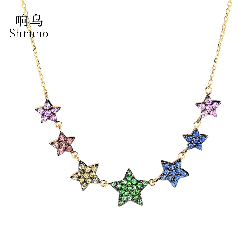 

Shruno Solid 18k Yellow Gold Star Pendant Necklace Genuine Colorful Gemstone Clavicle Chain Women High Quality Vintage Jewelry