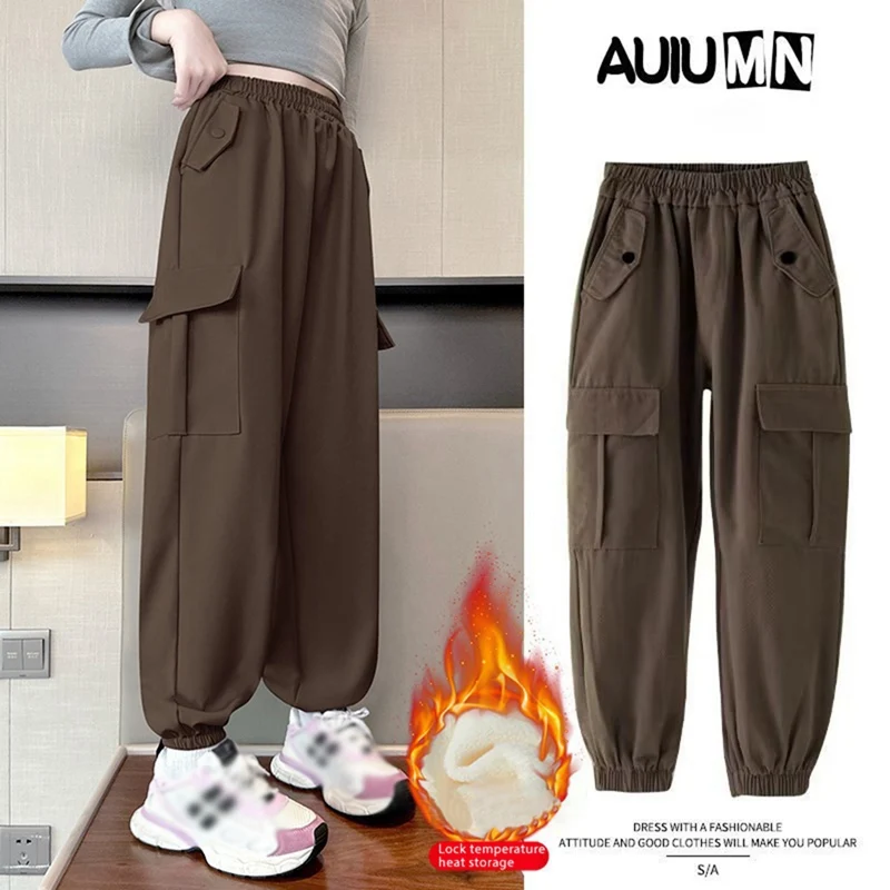 

Girls Cargo Pants Elastic Waist Casual Jogger Pants Snow Pants Warm Lined Streetwear Loose Parachute with Pockets 5-14Years