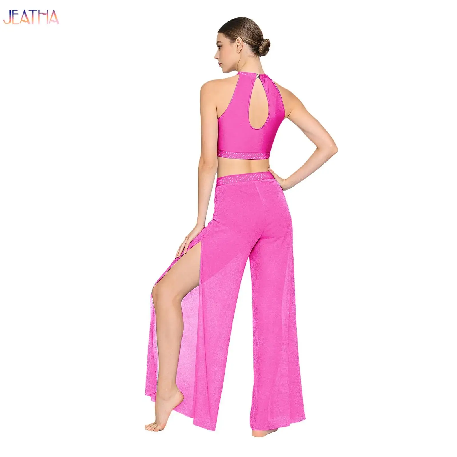 

Rhinestones Sleeveless Lyrical Dance Set for Womens Modern Performance Costume Hollow-out Tank Top and Shimmering Split Pants