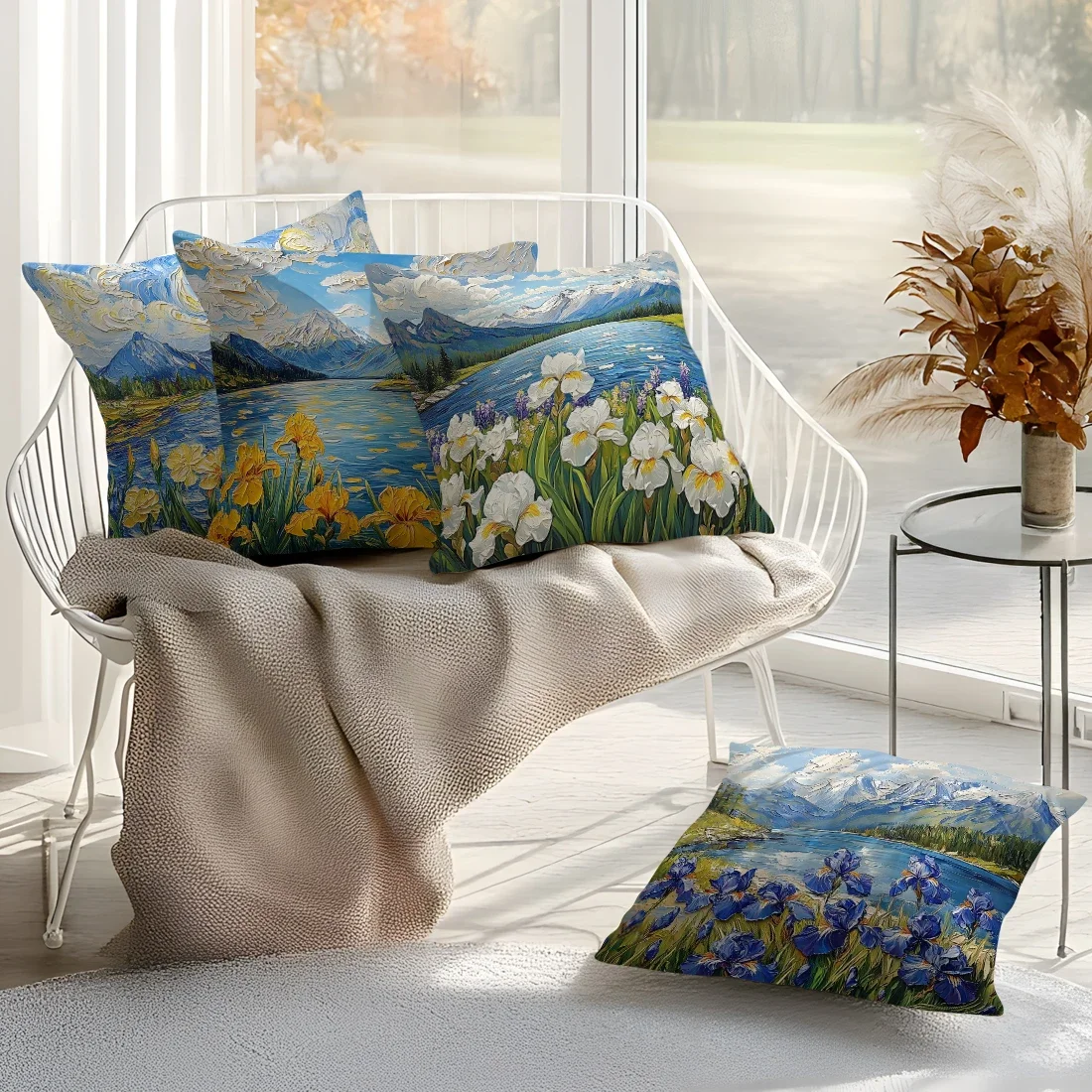 Lake Iris Flower Pillowcase Cushion 100% Polyester 45x45cm Throw Pillow Cover Sofa Chair Bed Cushion Cover Pillowslip Home Decor