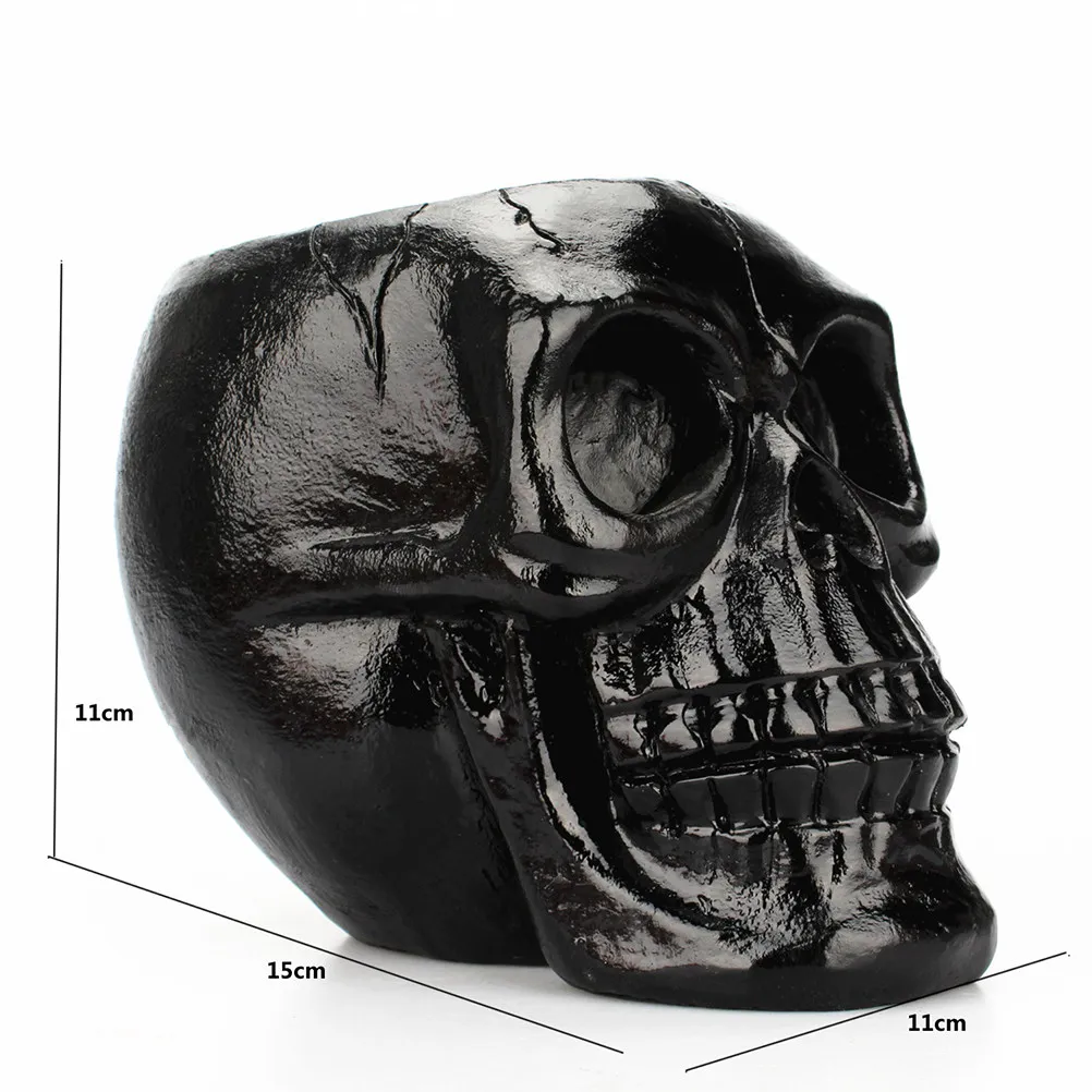 Black Skull Head Organizer Resin Pen Holder Makeup Tools Desktop Storage Flowerpot Stationery Decoration Skull Head Ornament