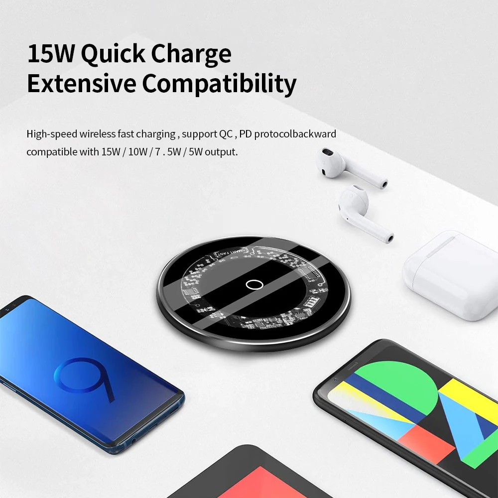 Transparent Desk Portable Wireless Charger 15W Fast Charging for iPhone for Samsung QC2.0 OTP OVP Universal Fast Wireless Chargi