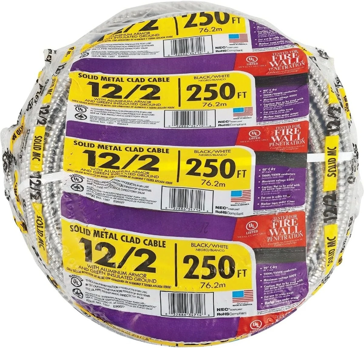68580055 كابل CU MC Lite صلب بطول 250 قدمًا و12/2، ألومنيوم
