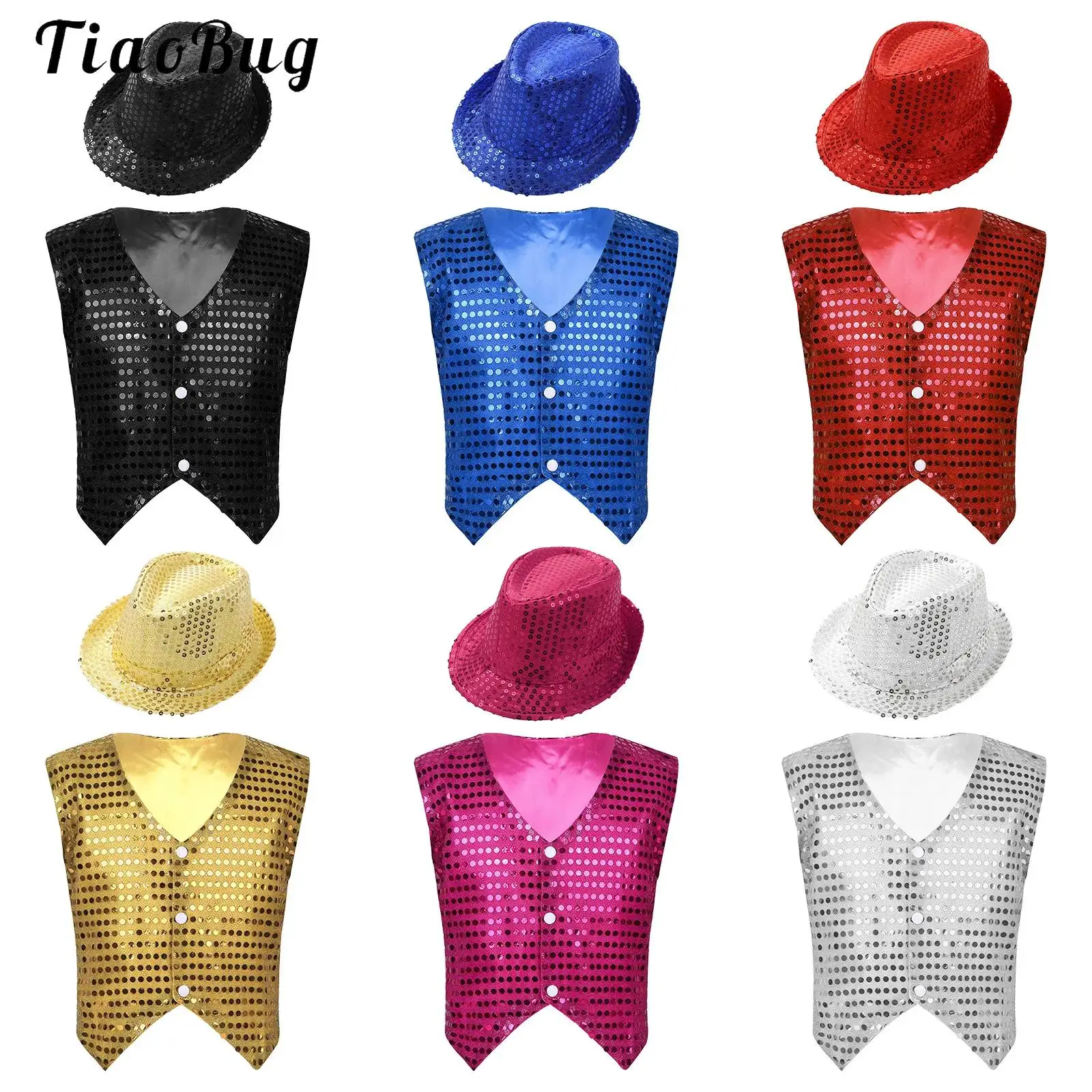 Glittery Sequins Moden Jazz Hiphop Street Dance Vests Waistcoat with Hat Outfits for Boys Girls Christmas Party Performance