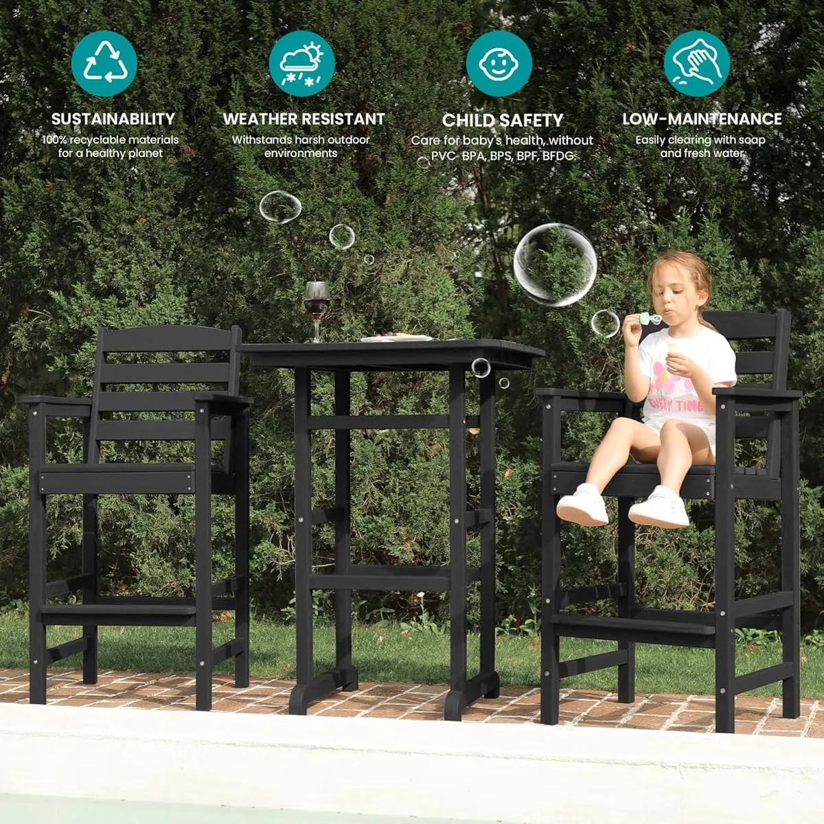 ！@Dwoo Modern Patio 3 Piece Outdoor Dining Table Set Garden Courtyard UV Resistant HDPE Bar Table Set