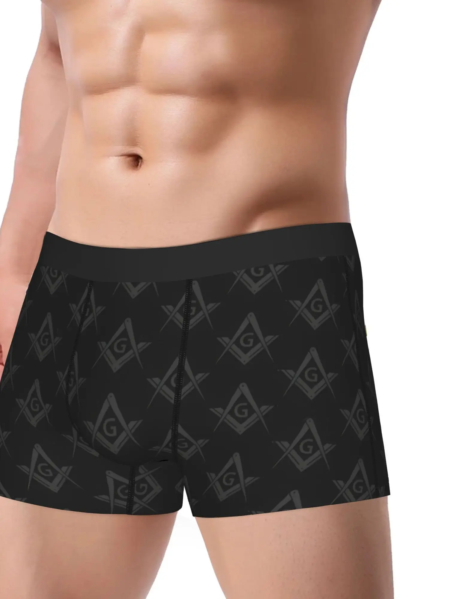 BIIHUDU Men'S Freemason Masonic Symbol Boxer Briefs - Stretchy Polyester, Black with White Masonic Logo Print, Comfort Fit Under