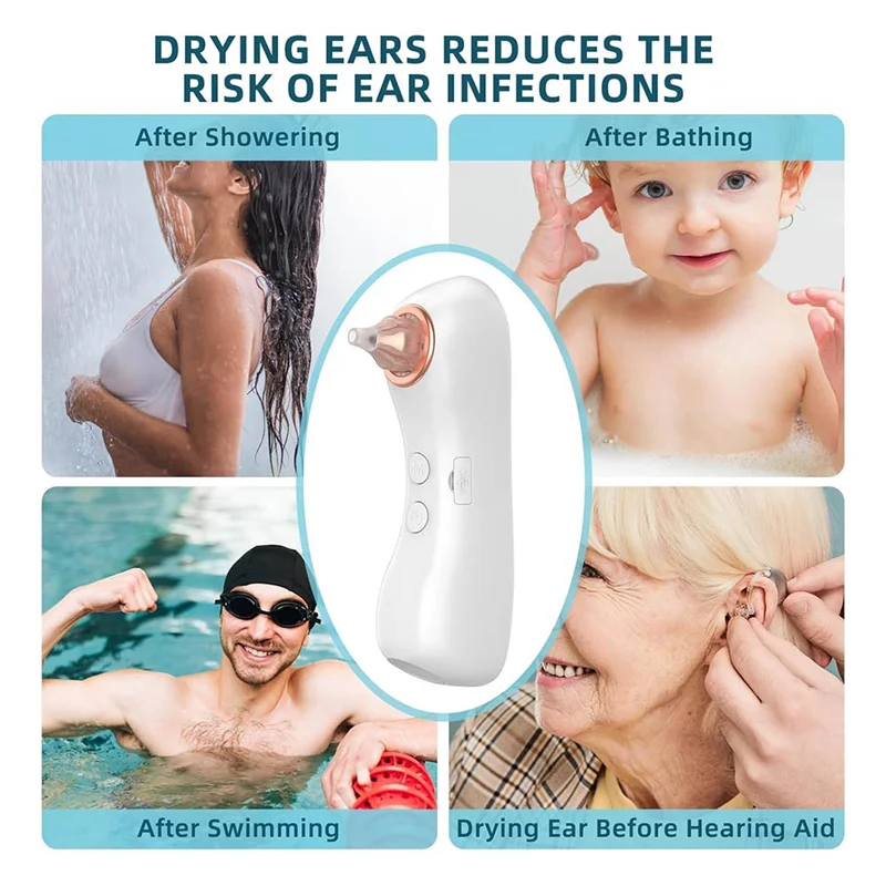مجفف الأذن الإلكتروني القابل لإعادة الشحن A76G، للبالغين والأطفال، مزيل مياه الأذن، جهاز العناية بالأذن بالهواء الدافئ مع 3 نصائح بديلة