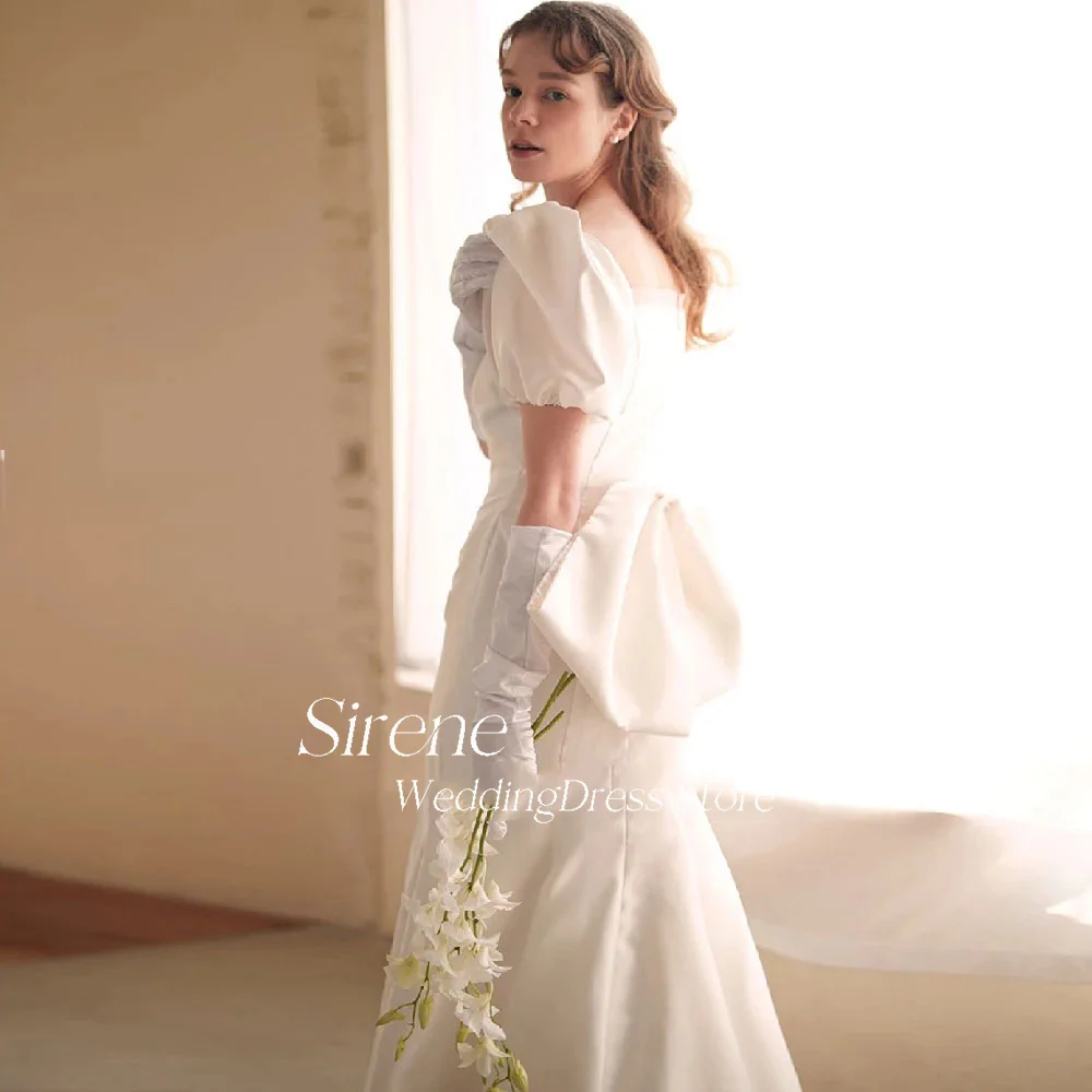 Sirene Charming Off The Shoulder Puffy Sleeve Stain Wedding Dress Mermaid Back With Bow Boat Neck Bridal Gown Vestidos De Novia