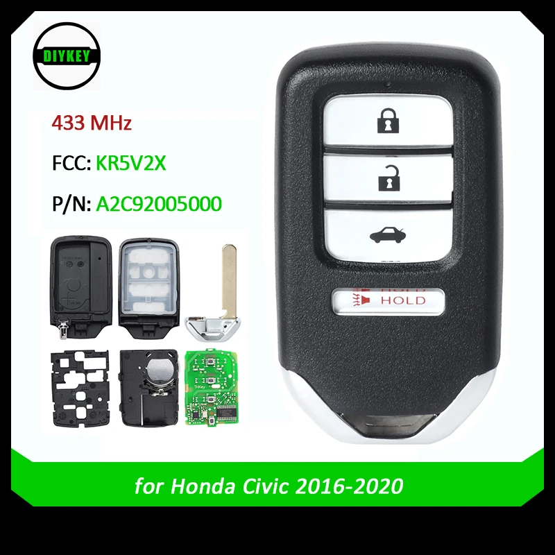 

DIYKEY Smart Remote Key 433MHz Fob for Honda Civic 2016 - 2020 47 Chip FCC: KR5V2X A2C92005000 P/N: 72147-TBA-A01 72147-TBA-A02