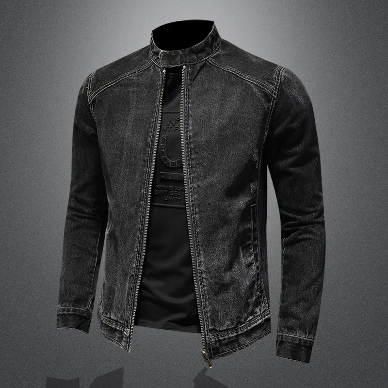 

Solid Casual Denim Jackets Men Vintage Washed Motorcycle Cowboy Mens Coats Stand Collar Windbreaker Jeans Jacket Plus Size M-5XL