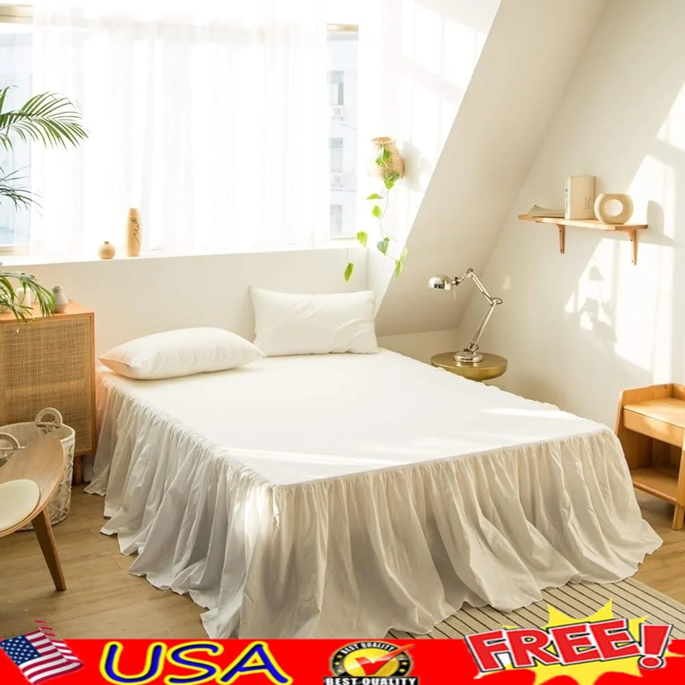 

French Linen Bed Skirt Dust Ruffle 22 Inch Drop Natural Cotton Blend Pleated Frills Farmhouse Style Queen Size Storage Solution